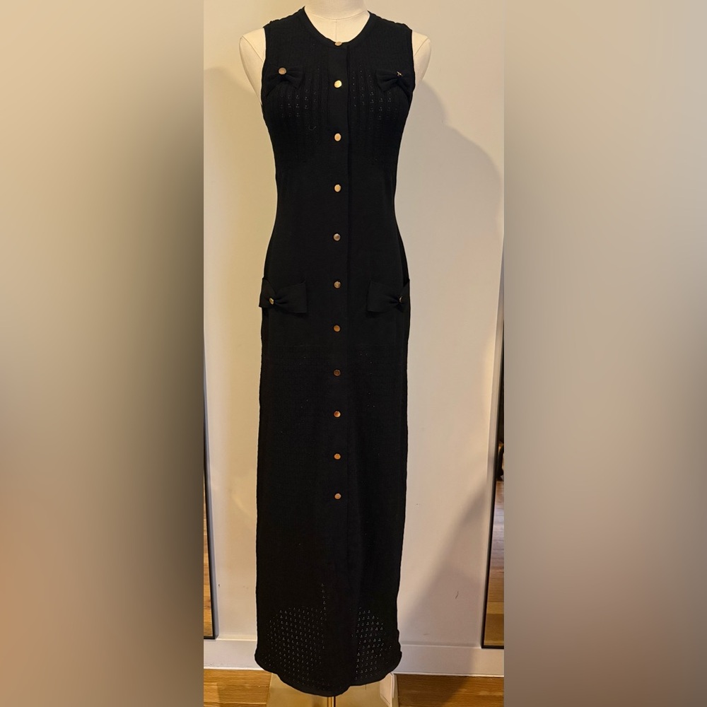 Commense Pointelle Split Button Sweater Dress Black - Picture 2 of 10